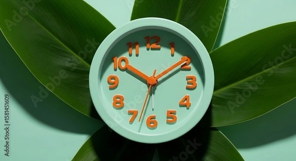 Obraz Time and Nature A Minimalist Composition of a Clock Surrounded by Fresh Green Leaves for Relaxation and Time Management
