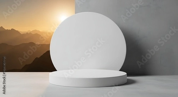 Obraz Minimalist Presentation Podium with Mountain View Showcase your product with this clean, modern display backdrop.