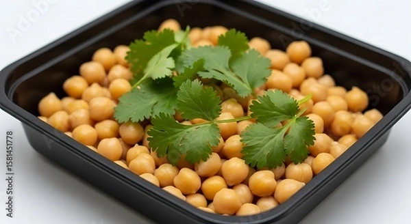 Obraz Chickpeas with fresh cilantro in a black container for a healthy and vegan snack with earthy tones.