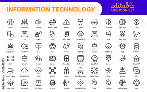 Fototapeta Information technology icons set. Set of It technology icons. Industry concept factory of the future. Technology progress. Big UI icon set in a flat design. Thin outline icons