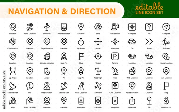 Fototapeta Navigation and Direction Line Icons vector. symbol of map location, Route, Marker, road trip, and navigate icons. Pinpoint. Location icon. Map place marker. pointer GPS location symbol.
