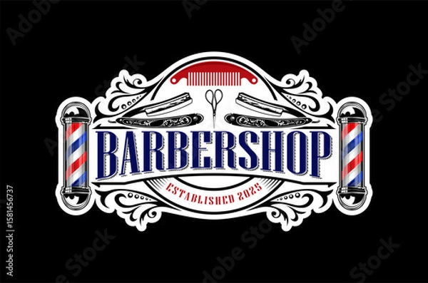 Fototapeta Classic barbershop logo design featuring vintage elements and a traditional barber pole. Scissors and razor element.