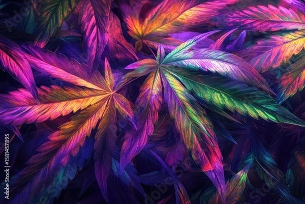 Fototapeta Vibrant, colorful cannabis leaves, close-up