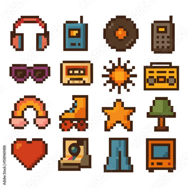 Obraz 레트로 픽셀 도트 오디오 게임 소품 투명 PNG 세트 번들, 분리된 배경. 복고 감성의 다채로운 예술 요소, 아날로그 음악 빈티지 디자인