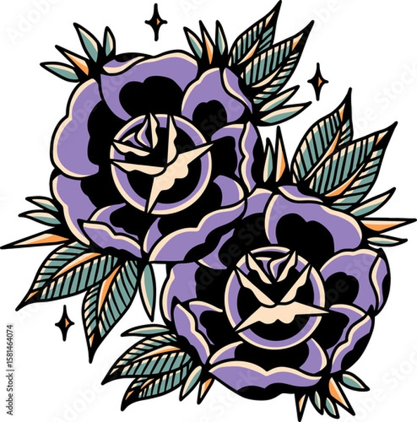 Obraz Floral Tattoo Delight: An eye-catching display of two elegant roses, exquisitely inked in a timeless, vintage tattoo design, perfect for adding a touch of classic artistry.