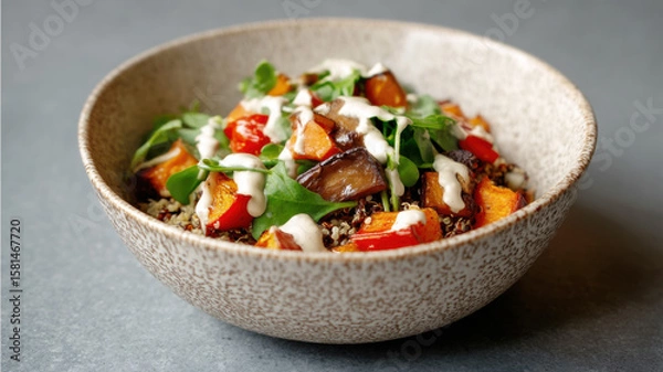 Fototapeta A healthy bowl of roasted vegetables, quinoa, greens, and creamy dressing served in a rustic ceramic bowl on a gray surface.