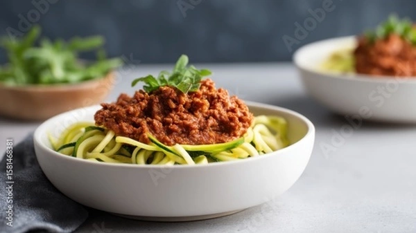Fototapeta A bowl of zucchini noodles topped with rich, meaty tomato sauce and garnished with fresh herbs, with a blurred second bowl and greens in the background.
