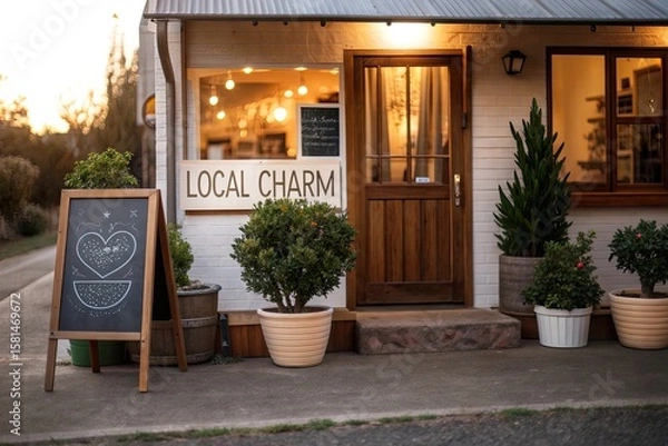 Fototapeta Charming storefront of a local shop with warm lights, welcoming entrance, and greenery