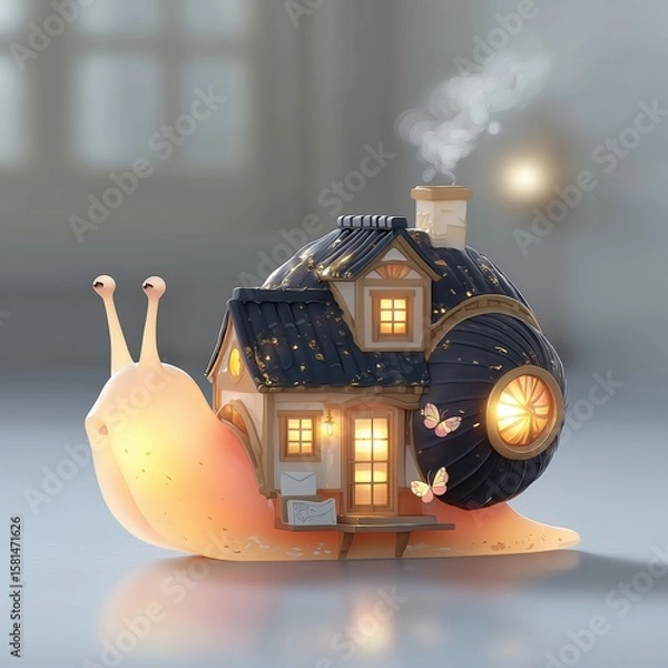 Fototapeta A glowing snail carries a cozy house on its back, complete with windows, chimney smoke, and butterflies fluttering by.
