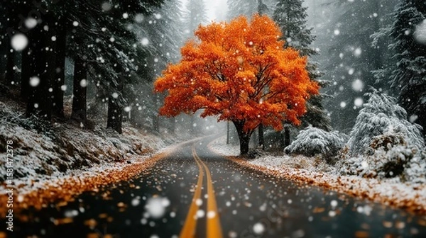 Fototapeta A brilliant orange tree blazes with color amidst a snowy forest, blending autumn and winter.