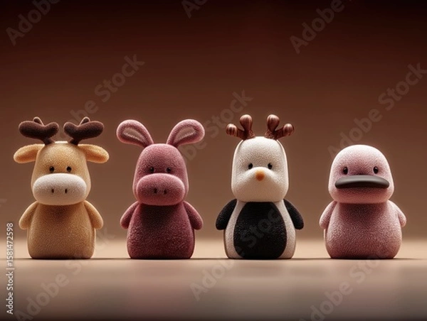 Fototapeta A lineup of four fuzzy cartoon animal figures moose, bunny, penguin, and platypus posing together on a soft brown backdrop.