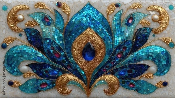 Fototapeta Intricate blue and gold feather mosaic with rich gem accents and ornate crescent motifs.