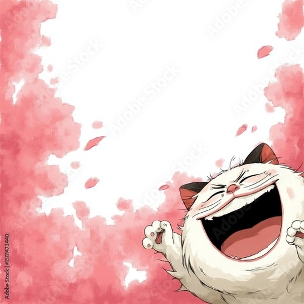 Fototapeta A joyful cartoon cat leaps with excitement on a blank background bordered by soft pink watercolor splashes.
