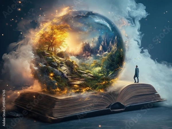 Fototapeta A surreal scene of a man standing on an open book as a glowing portal reveals a fantastical world of trees and mountains.