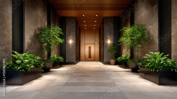 Fototapeta  modern, elegant hallway with large potted plants, warm lighting, and a wooden ceiling, leading to a sleek door at the end.