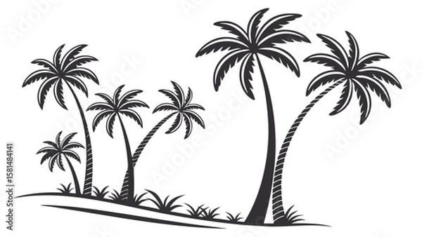 Fototapeta Silhouette of several palm trees with lush green grass on a white background representing a tropical island landscape