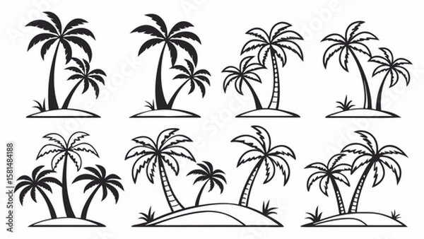 Fototapeta Collection of stylized black and white silhouette palm trees on small islands with grassy accents