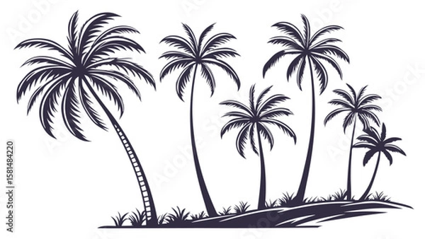 Fototapeta A group of stylized dark silhouette palm trees stand tall against a stark white background on a small island