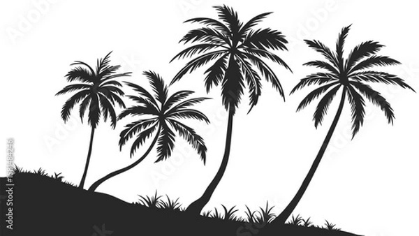 Fototapeta Silhouette of four palm trees with lush green grass on a rolling hill against a stark white background