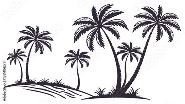 Fototapeta Silhouette of lush palm trees with grassy foreground against a clean white background representing a tropical paradise