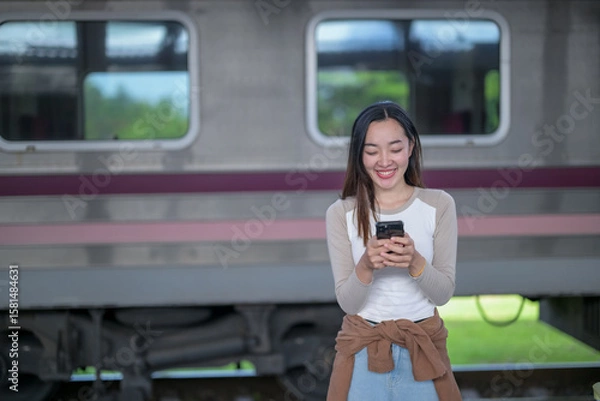 Fototapeta A woman is smiling and looking at her cell phone while standing next to a train