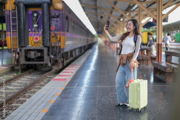 Fototapeta A woman is taking a selfie with her phone while standing next to a train