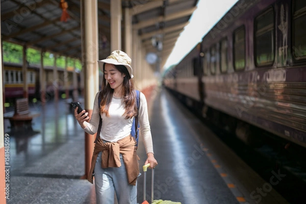 Fototapeta A woman is walking on a train platform with a suitcase and a cell phone