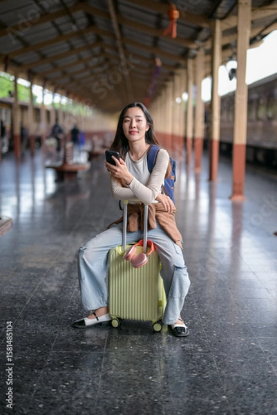 Fototapeta A woman is sitting on a suitcase in a train station