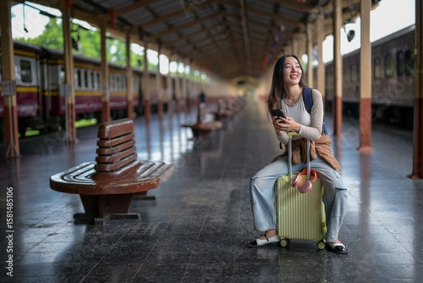 Fototapeta A woman sitting on a bench at a train station with a suitcase and a cell phone