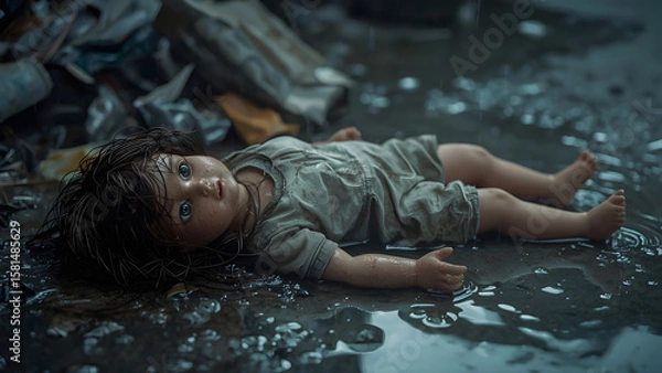 Obraz Abandoned Doll in Rainy Slum Alley – Emotional Watercolor-Style Scene of Neglect and Sadness