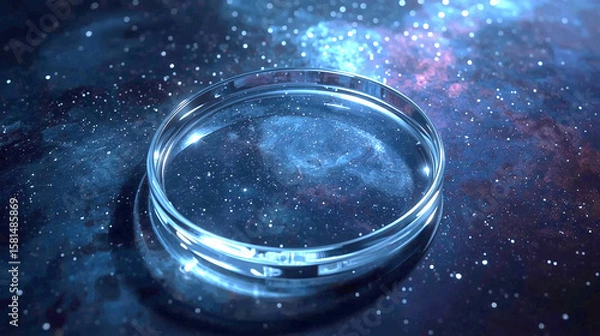 Fototapeta Glass Disc with Smooth Edges on Dark Nebula – Hyper-Realistic Transparent Element with Refraction and Shadow Over Space-Themed Background in Blue and Purple Tones