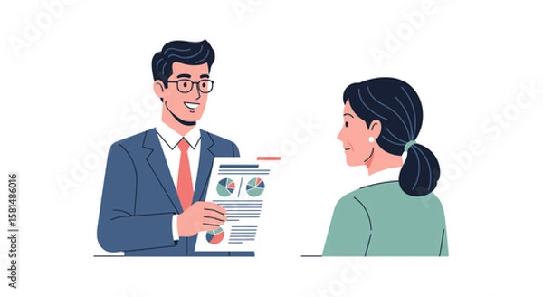 Fototapeta Smiling businessman in suit presenting financial report with pie charts to attentive older woman.