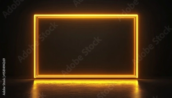 Obraz Empty, illuminated, rectangular frame in dark space.  Neon glow