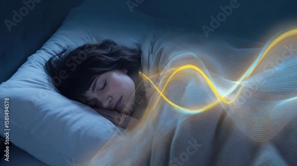 Obraz A peaceful slumber, a young woman embraces deep sleep, surrounded by soothing comfort, and a visualization of energy. An immersive and tranquil sleep.