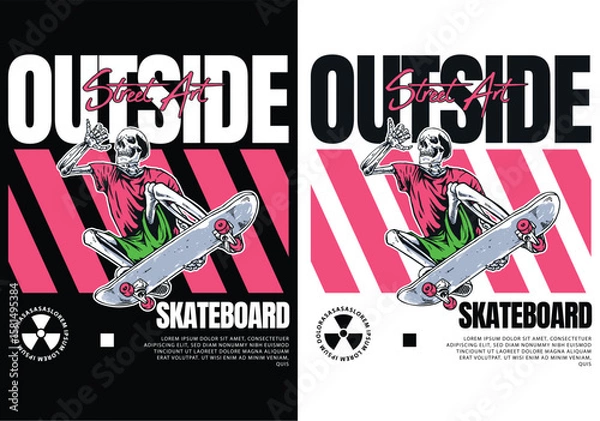 Obraz Street art skateboarder graphic: Artistic graphic showcases a skater with a striking skeleton figure in an energetic pose, set against a vivid geometric design with a bold statement.