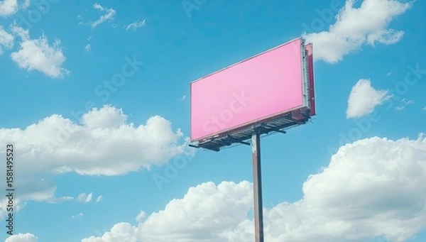 Fototapeta Pink billboard against a clear blue sky with puffy white clouds
