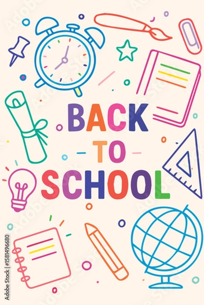 Fototapeta A colorful vector background with school supplies, books, and pencils, perfect for celebrating back to school season in a fun, cheerful style.


