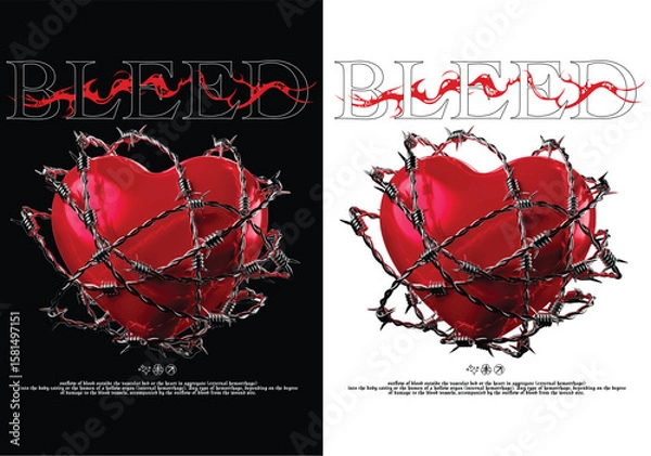 Obraz Bleeding Heart: A symbolic representation of emotional pain and turmoil, featuring a vibrant red heart intertwined with barbed wire, accompanied by the bold word "BLEED".