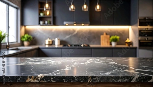 Fototapeta Luxurious black marble table top with a modern dark kitchen interior in soft focus. Empty countertop with warm LED lighting, creating an elegant backdrop for product placement or design.