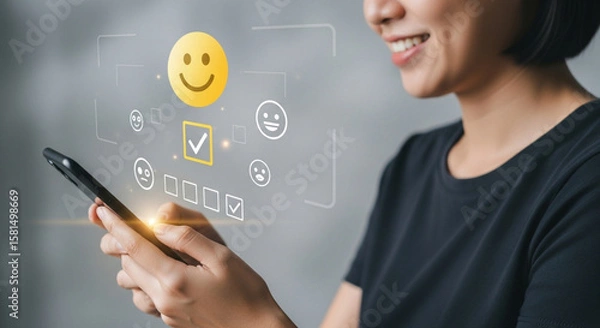 Fototapeta Customer service evaluation concept. A smiling Asian woman uses her smartphone and selects a smiley icon on the virtual screen to show her satisfaction.