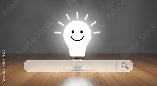 Fototapeta Creative idea and innovation concept illustrated by a smiling lightbulb and a search bar interface.