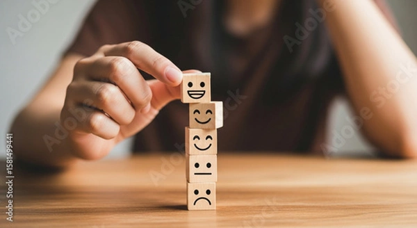 Fototapeta Business service excellence and customer feedback concept. Hand picking a smiley face wood block to represent outstanding satisfaction.