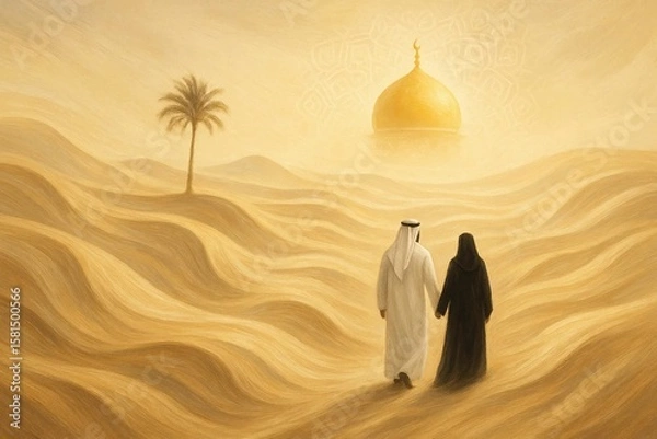 Fototapeta Desert, couple, mosque. Romantic Middle Eastern couple walking hand in hand through golden desert dunes toward a glowing mosque at sunset. Perfect for Ramadan and cultural themes.

