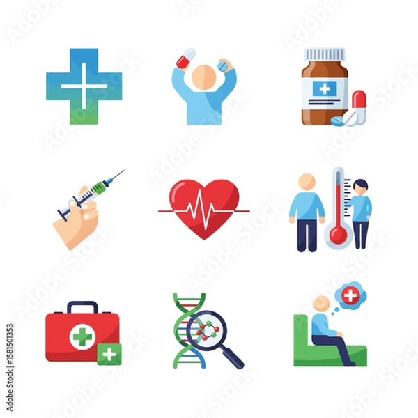 Fototapeta A collection of colorful medical icons, depicting various healthcare elements like medication, injections, and patient care.
