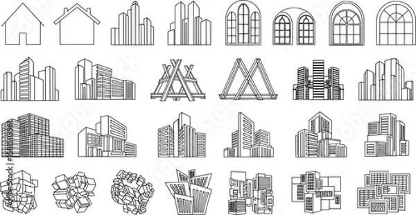 Fototapeta A collection of simple, black and white icons representing various city buildings.