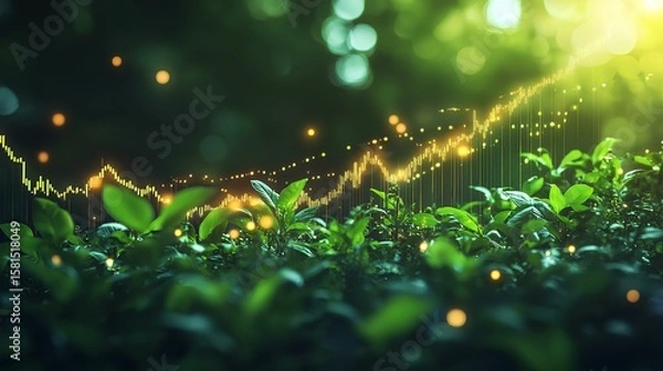 Fototapeta Green Investment Growth: A vibrant display of burgeoning financial potential, where verdant plants thrive under the glow of rising economic charts, symbolizing growth and prosperity. 
