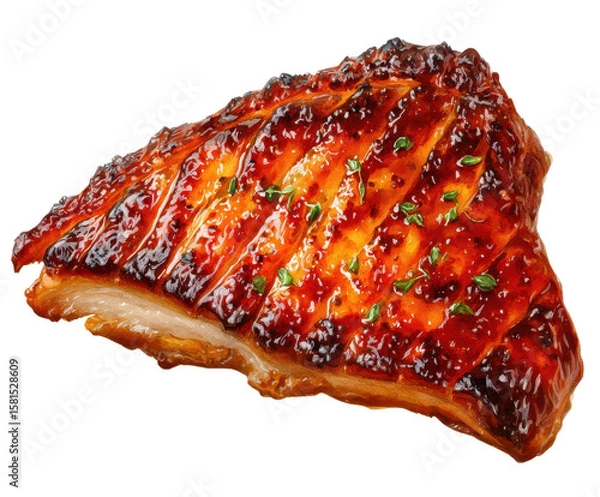 Fototapeta Delicious Charred Glazed Meat Slice with Crispy Skin Garnished by Fresh Herbs on Isolated Background for Culinary and Food Photography