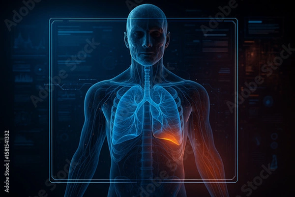Fototapeta AI generated hyper detailed human chest scan with glowing lungs ribs and digital HUD interface showing futuristic medical diagnostics on dark background