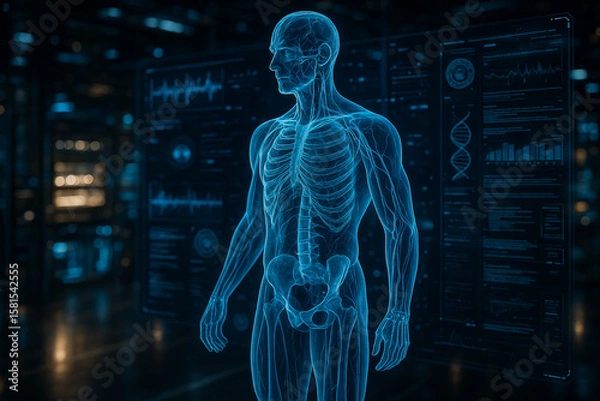 Fototapeta AI generated digital render of male skeleton in sci fi lab with glowing anatomy and futuristic interface elements in blue tones on dark immersive background