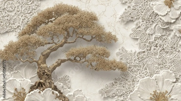Fototapeta Ornate design with a gold-toned bonsai tree and detailed lacework.